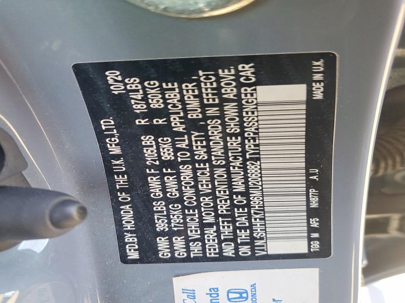 Продаж на аукціоні авто 2021 Honda Civic, vin: SHHFK7H96MU206882, номер лоту: 75186455