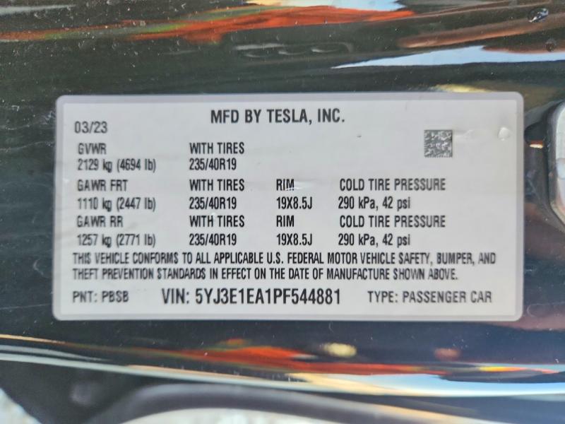 2023 Tesla Model 3 მანქანა იყიდება აუქციონზე, vin: 5YJ3E1EA1PF544881, აუქციონის ნომერი: 74496425