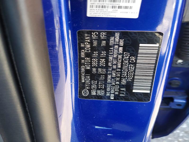 72649575 :رقم المزاد ، KMHLS4AGXNU347437 vin ، 2022 Hyundai Elantra مزاد بيع