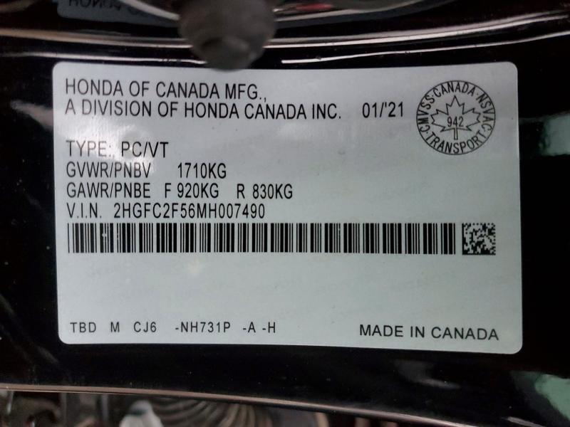 97158125 :رقم المزاد ، 2HGFC2F56MH007490 vin ، 2021 Honda Civic مزاد بيع
