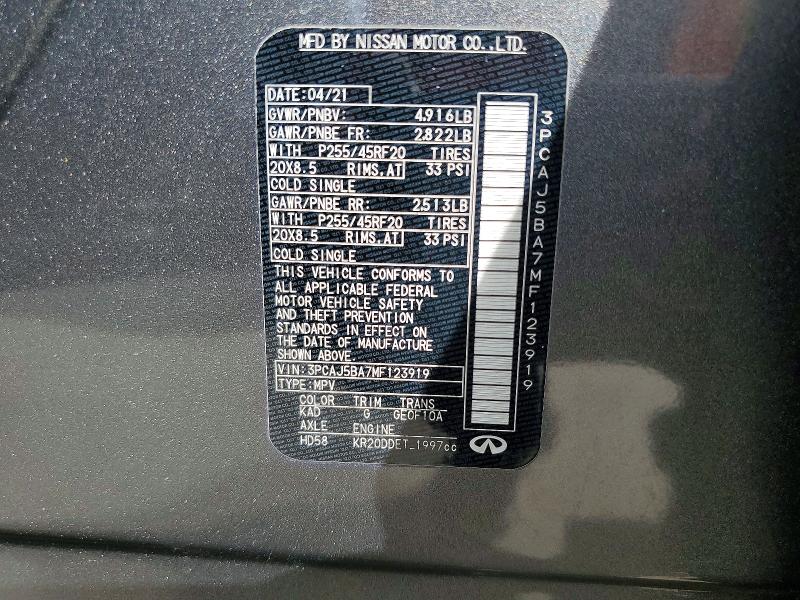 Aukcja sprzedaży 2021 Infiniti Qx50, vin: 3PCAJ5BA7MF123919, numer aukcji: 98651535