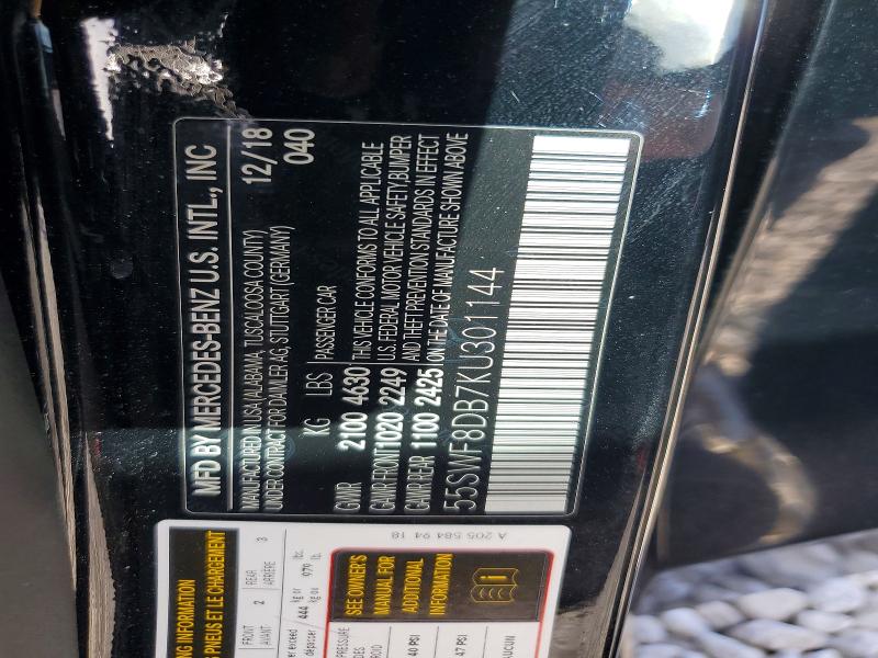 2019 Mercedes-benz C მანქანა იყიდება აუქციონზე, vin: 55SWF8DB7KU301144, აუქციონის ნომერი: 96754685