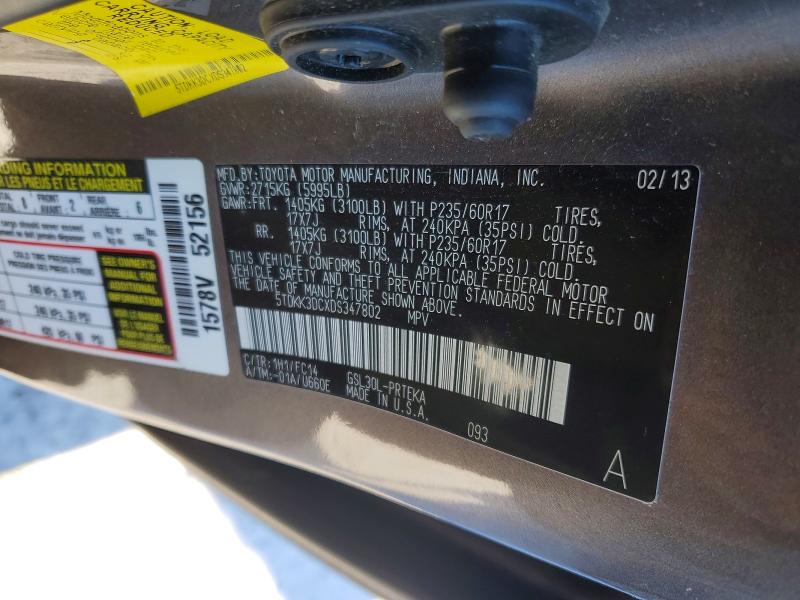 73163065 :رقم المزاد ، 5TDKK3DCXDS347802 vin ، 2013 Toyota Sienna مزاد بيع