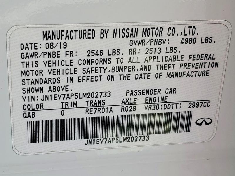 Продаж на аукціоні авто 2020 Infiniti Q50 Pure, vin: JN1EV7AP5LM202733, номер лоту: 73946825