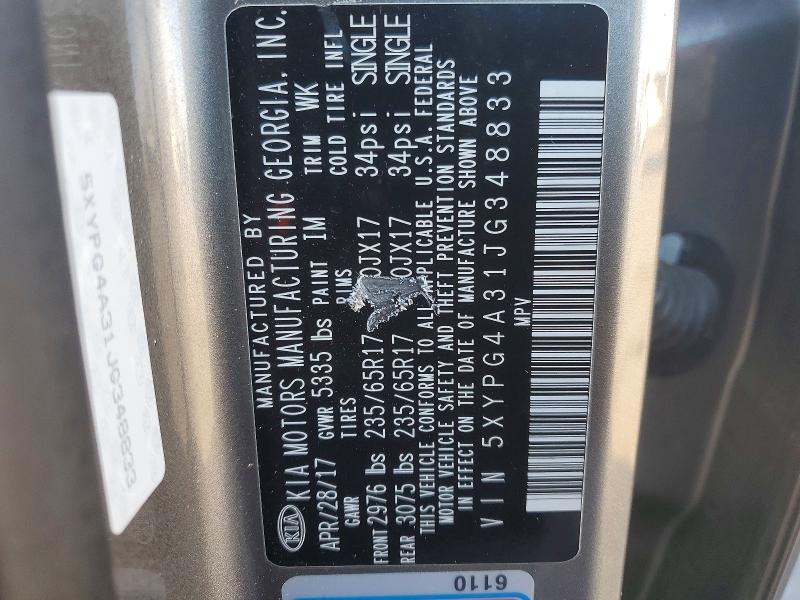 2018 Kia Sorento მანქანა იყიდება აუქციონზე, vin: 5XYPG4A31JG348833, აუქციონის ნომერი: 73024345