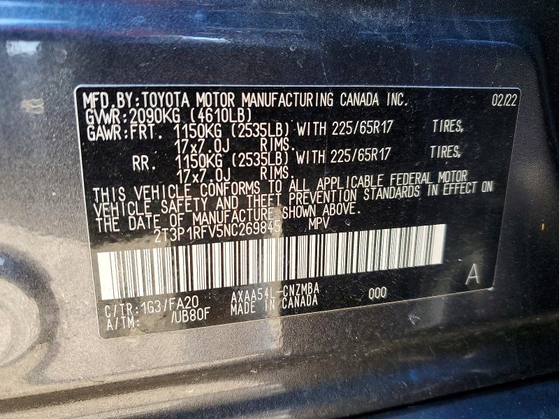 98791745 :رقم المزاد ، 2T3P1RFV5NC269845 vin ، 2022 Toyota Rav4 مزاد بيع