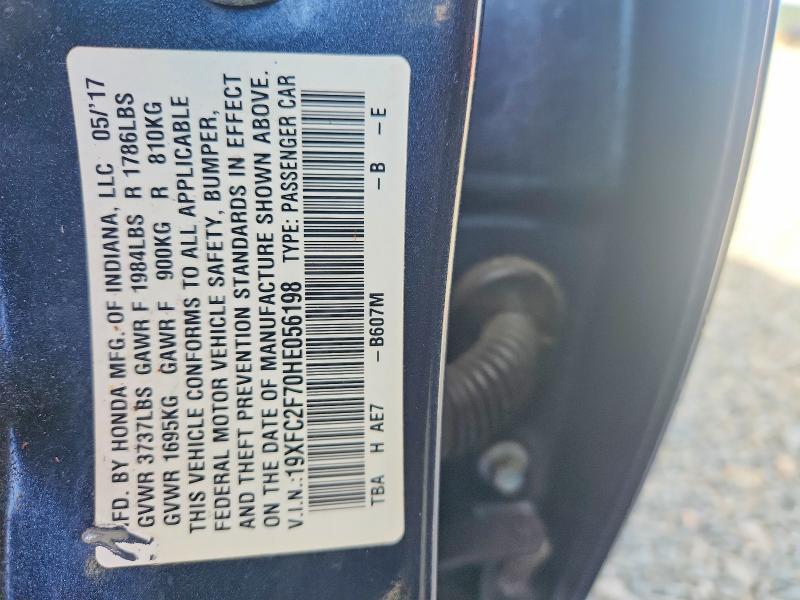 2017 Honda Civic მანქანა იყიდება აუქციონზე, vin: 19XFC2F70HE056198, აუქციონის ნომერი: 75064215