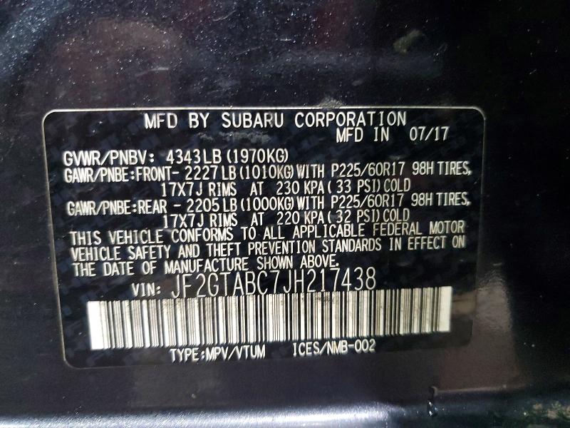 99866565 :رقم المزاد ، JF2GTABC7JH217438 vin ، 2018 Subaru Crosstrek مزاد بيع
