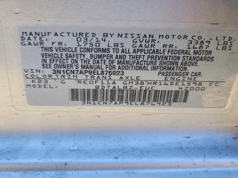 Aukcja sprzedaży 2014 Nissan Versa, vin: 3N1CN7AP9EL876923, numer aukcji: 72655735