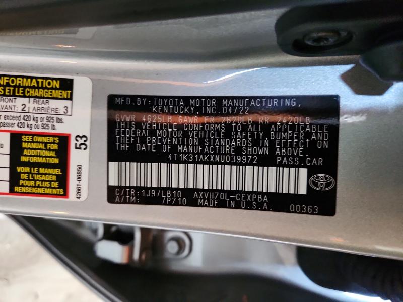 Продаж на аукціоні авто 2022 Toyota Camry Hybrid, vin: 4T1K31AKXNU039972, номер лоту: 74227345