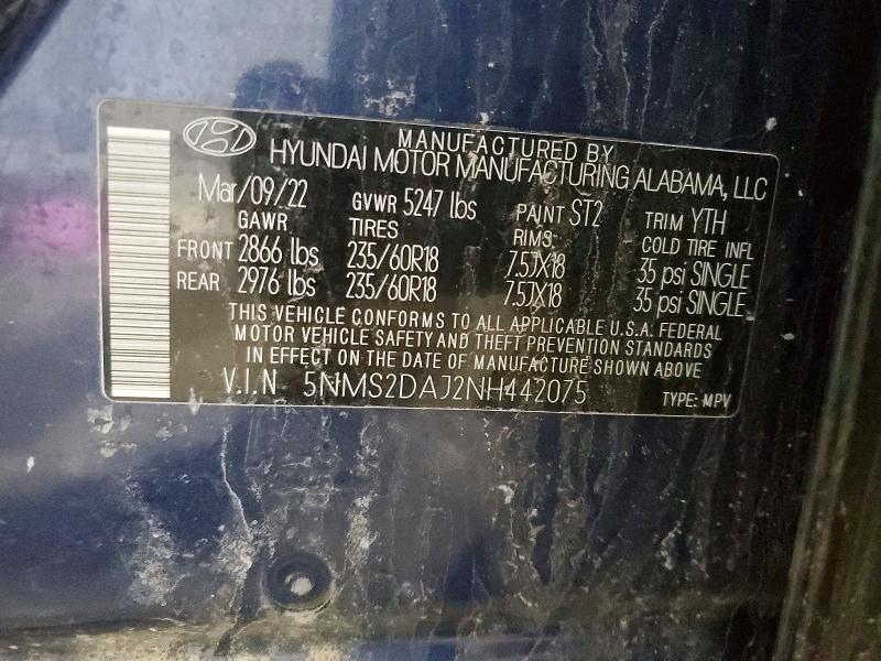 72412885 :رقم المزاد ، 5NMS2DAJ2NH442075 vin ، 2022 Hyundai Santa Fe مزاد بيع