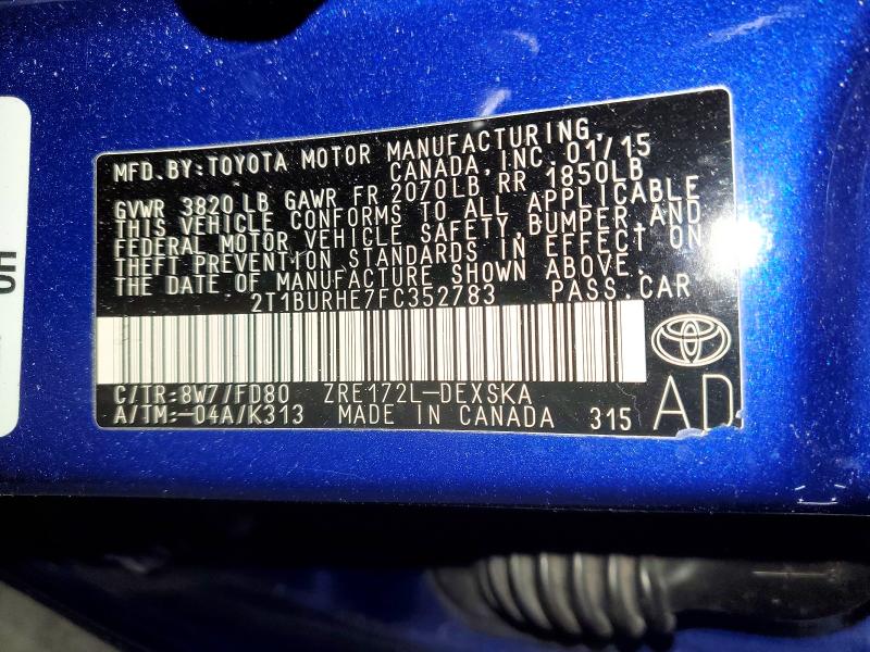 2015 Toyota Corolla მანქანა იყიდება აუქციონზე, vin: 2T1BURHE7FC352783, აუქციონის ნომერი: 73155455