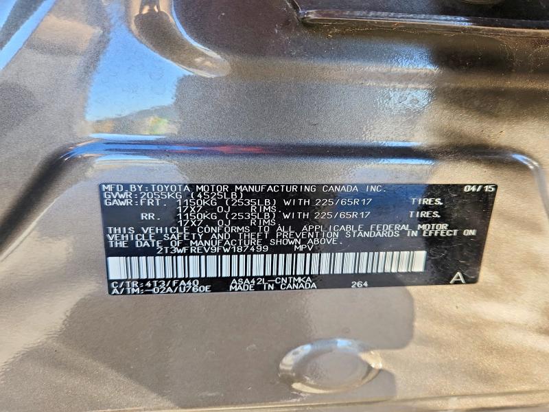 2015 Toyota Rav4 მანქანა იყიდება აუქციონზე, vin: 2T3WFREV9FW187499, აუქციონის ნომერი: 74950235