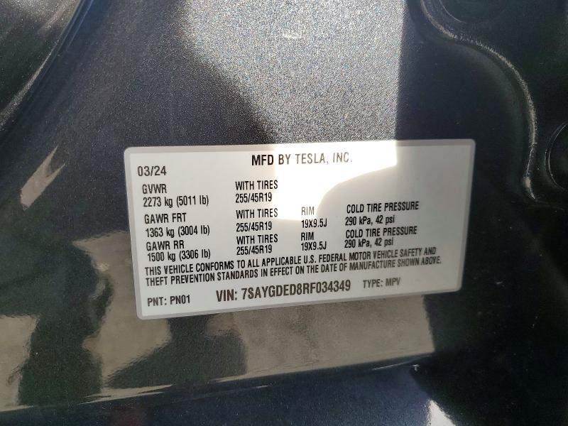Продаж на аукціоні авто 2024 Tesla Model Y, vin: 7SAYGDED8RF034349, номер лоту: 99289375