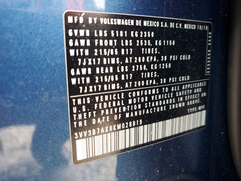 Aukcja sprzedaży 2019 Volkswagen Tiguan, vin: 3VV3B7AX8KM028819, numer aukcji: 73287175