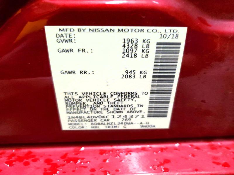 2019 Nissan Altima მანქანა იყიდება აუქციონზე, vin: 1N4BL4DV0KC124371, აუქციონის ნომერი: 73788155