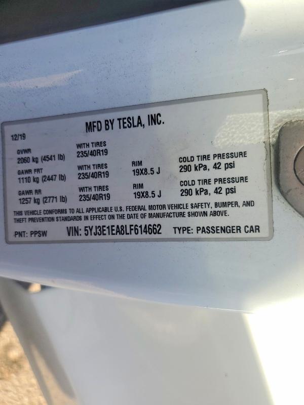 Продажа на аукционе авто 2020 Tesla Model 3, vin: 5YJ3E1EA8LF614662, номер лота: 74599145