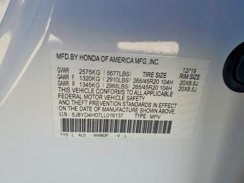 2020 Acura Mdx A-spec მანქანა იყიდება აუქციონზე, vin: 5J8YD4H07LL016137, აუქციონის ნომერი: 73495695