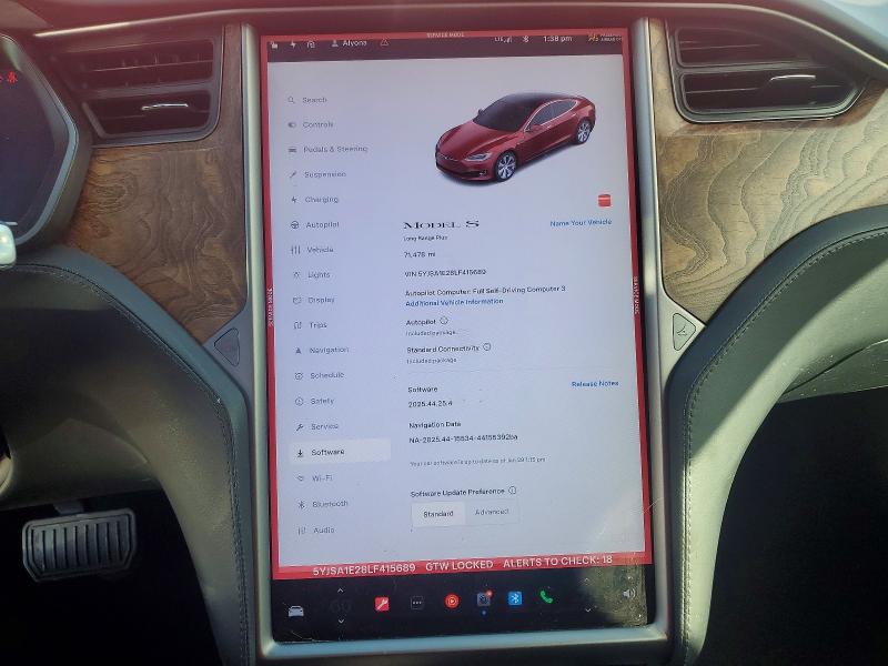 75182805 :رقم المزاد ، 5YJSA1E28LF415689 vin ، 2020 Tesla Model S مزاد بيع