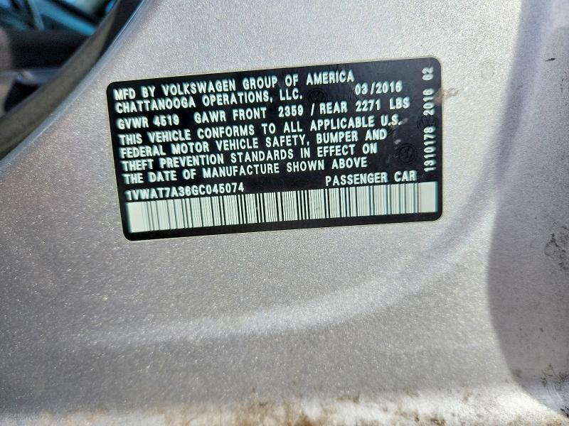 99069845 :رقم المزاد ، 1VWAT7A36GC045074 vin ، 2016 Volkswagen Passat مزاد بيع