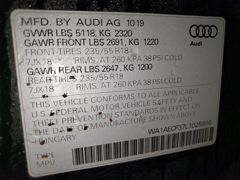72445555 :رقم المزاد ، WA1AECF37L1025866 vin ، 2020 Audi Q3 مزاد بيع