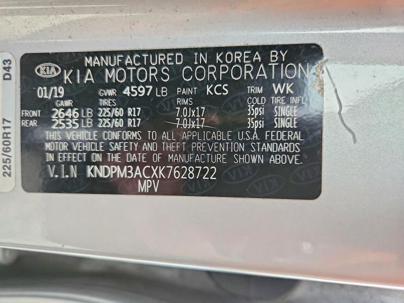 72106125 :رقم المزاد ، KNDPM3ACXK7628722 vin ، 2019 Kia Sportage مزاد بيع