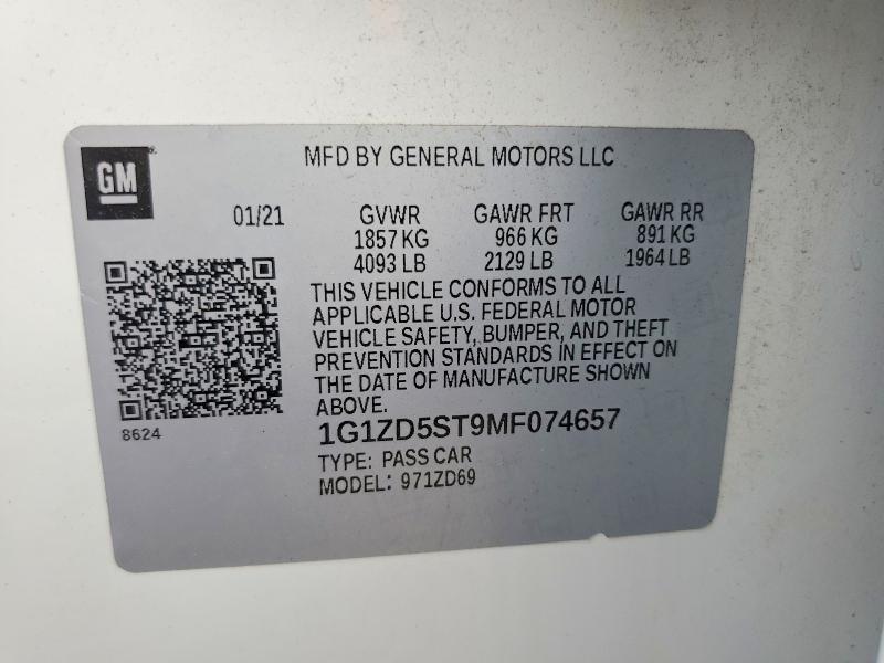 99722485 :رقم المزاد ، 1G1ZD5ST9MF074657 vin ، 2021 Chevrolet Malibu مزاد بيع