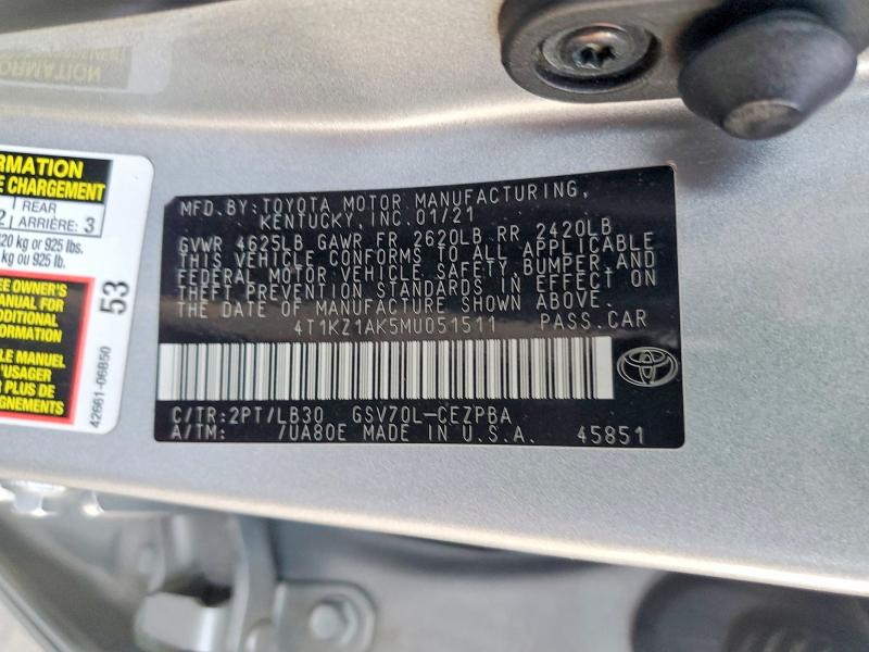 2021 Toyota Camry მანქანა იყიდება აუქციონზე, vin: 4T1KZ1AK5MU051511, აუქციონის ნომერი: 73558945