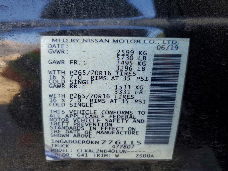 73091925 :رقم المزاد ، 1N6AD0ER0KN776115 vin ، 2019 Nissan Frontier مزاد بيع