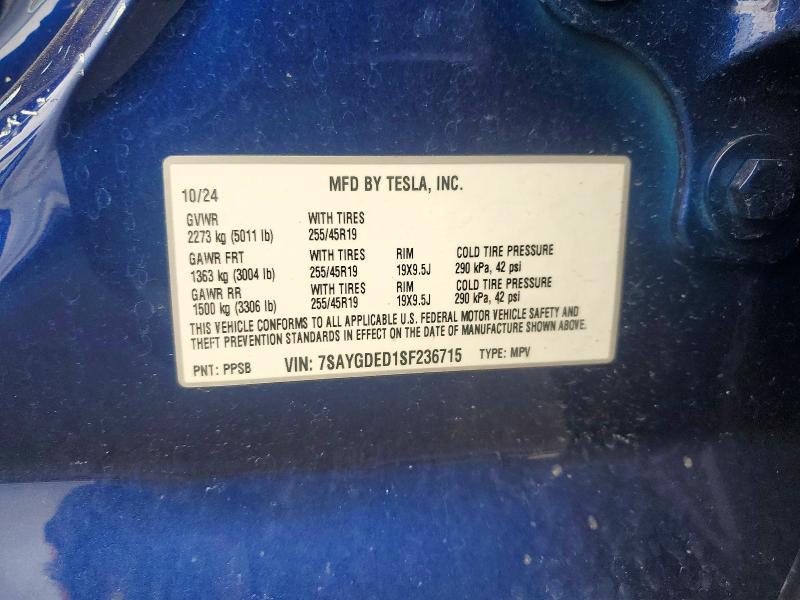 98464695 :رقم المزاد ، 7SAYGDED1SF236715 vin ، 2025 Tesla Model Y مزاد بيع