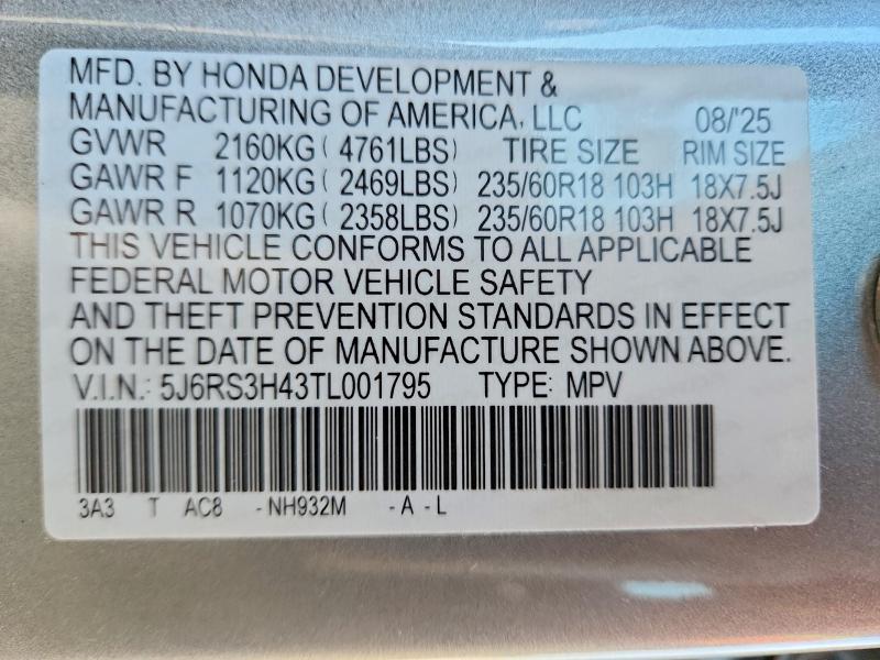 2026 Honda Cr-v მანქანა იყიდება აუქციონზე, vin: 5J6RS3H43TL001795, აუქციონის ნომერი: 98246675