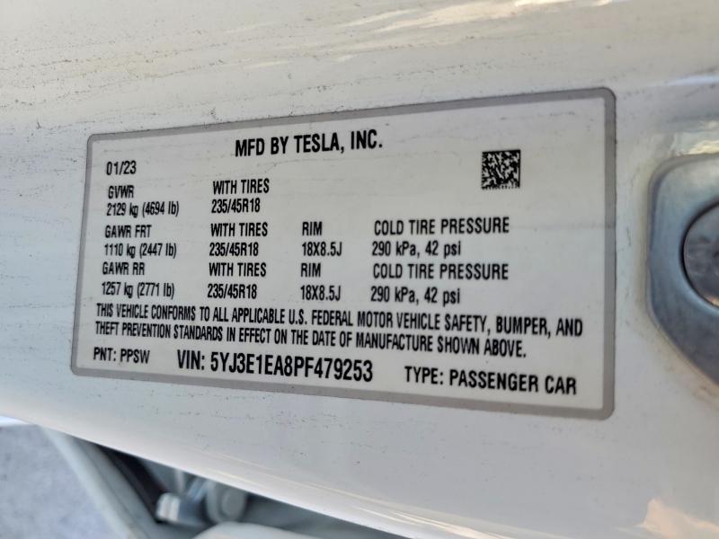 2023 Tesla Model 3 მანქანა იყიდება აუქციონზე, vin: 5YJ3E1EA8PF479253, აუქციონის ნომერი: 72807505