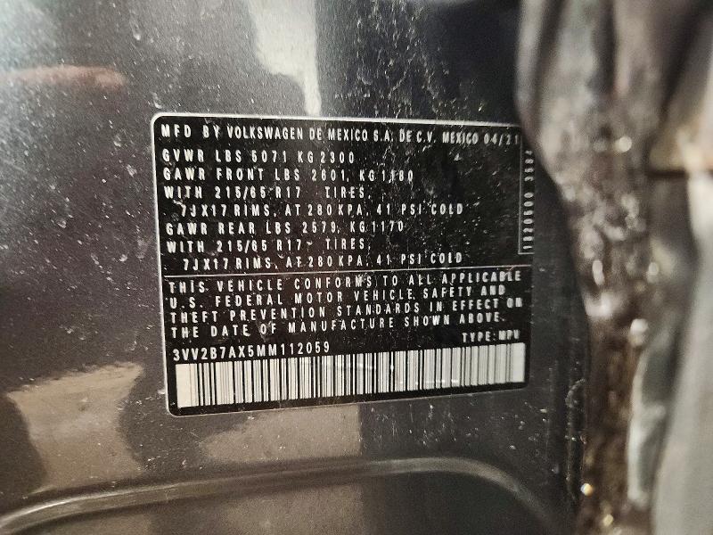 Aukcja sprzedaży 2021 Volkswagen Tiguan, vin: 3VV2B7AX5MM112059, numer aukcji: 99685645