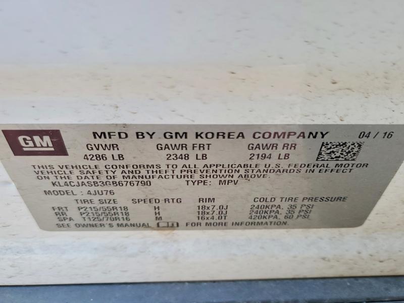 2016 Buick Encore მანქანა იყიდება აუქციონზე, vin: KL4CJASB3GB676790, აუქციონის ნომერი: 73445215