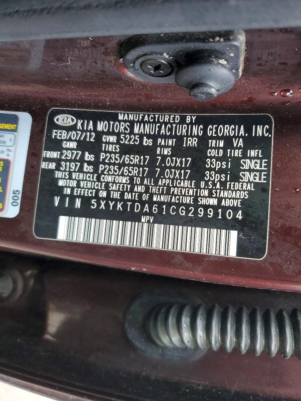 Aukcja sprzedaży 2012 Kia Sorento, vin: 5XYKTDA61CG299104, numer aukcji: 99170375