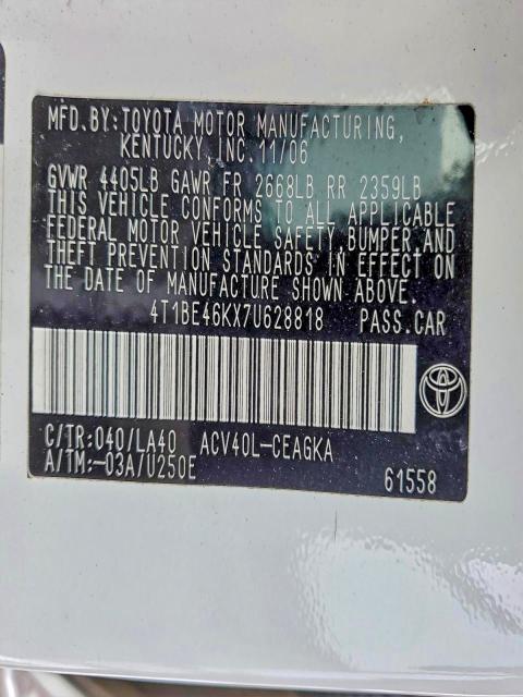Продажа на аукционе авто 2007 Toyota Camry Ce, vin: 4T1BE46KX7U628818, номер лота: 98186195