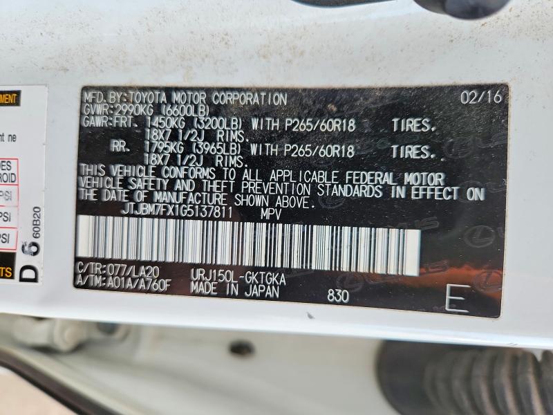 Продажа на аукционе авто 2016 Lexus Gx 460, vin: JTJBM7FX1G5137811, номер лота: 72161235