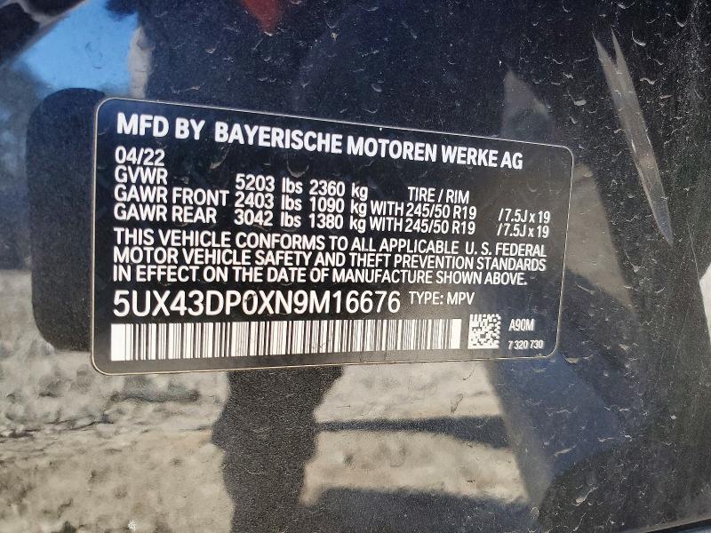 Aukcja sprzedaży 2022 Bmw X3, vin: 5UX43DP0XN9M16676, numer aukcji: 73197515