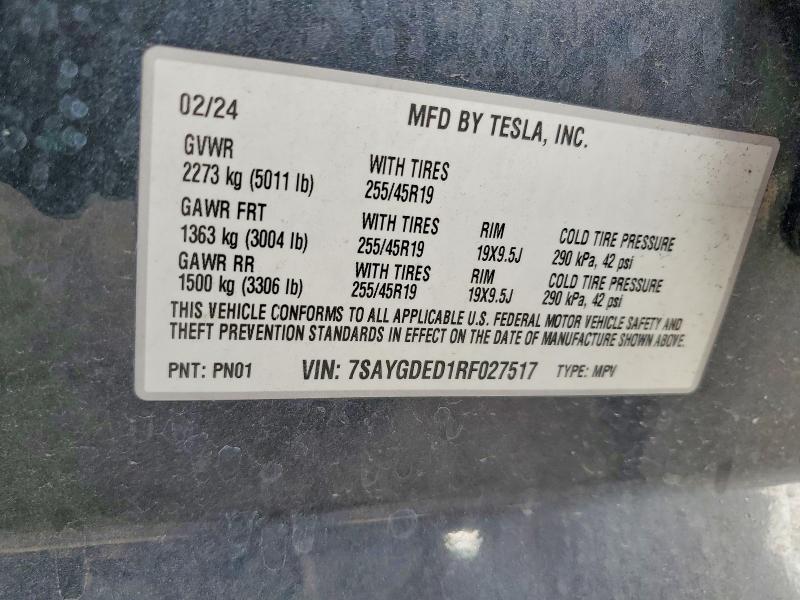 2024 Tesla Model Y მანქანა იყიდება აუქციონზე, vin: 7SAYGDED1RF027517, აუქციონის ნომერი: 73447695