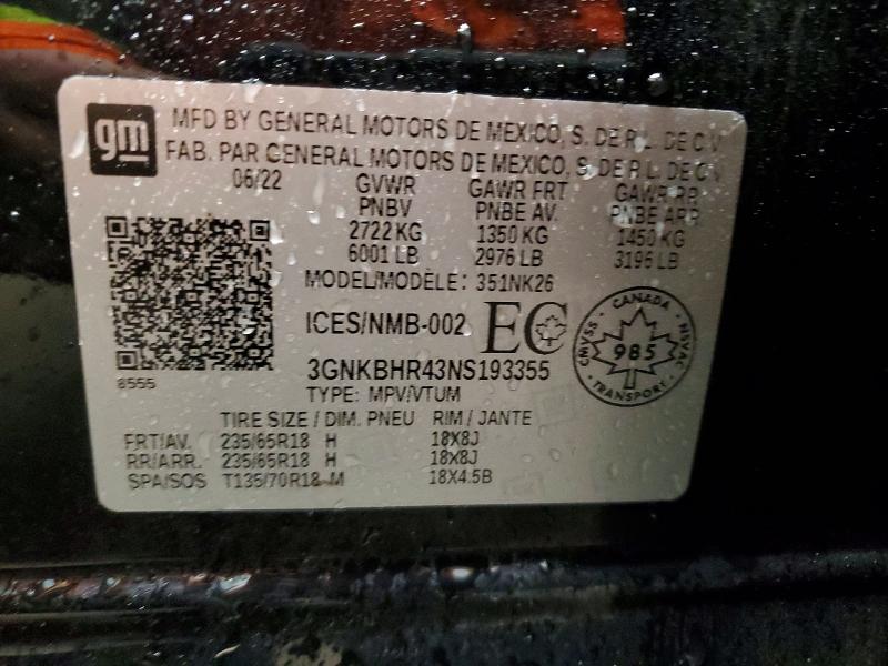 74236065 :رقم المزاد ، 3GNKBHR43NS193355 vin ، 2022 Chevrolet Blazer 2lt مزاد بيع