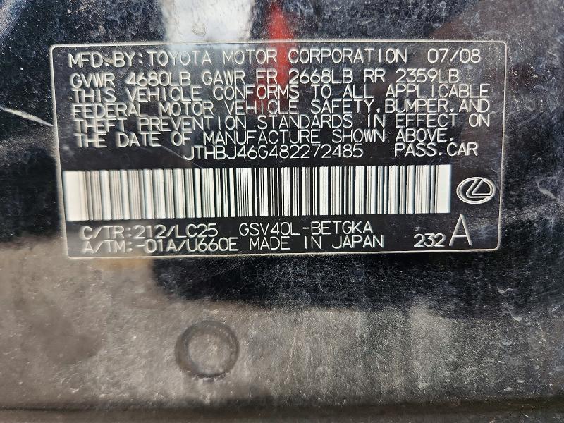 Aukcja sprzedaży 2008 Lexus Es, vin: JTHBJ46G482272485, numer aukcji: 97762875