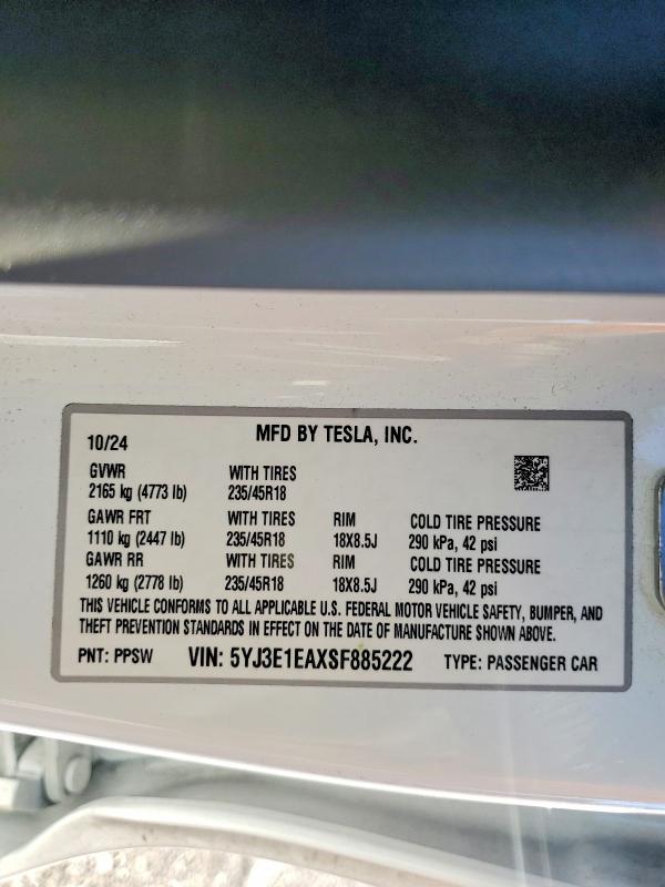 72440195 :رقم المزاد ، 5YJ3E1EAXSF885222 vin ، 2025 Tesla Model 3 مزاد بيع