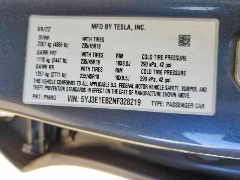 Aukcja sprzedaży 2022 Tesla Model 3, vin: 5YJ3E1EB2NF328219, numer aukcji: 99281725