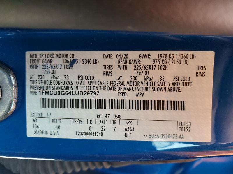 Aukcja sprzedaży 2020 Ford Escape, vin: 1FMCU0G64LUB29797, numer aukcji: 72746665
