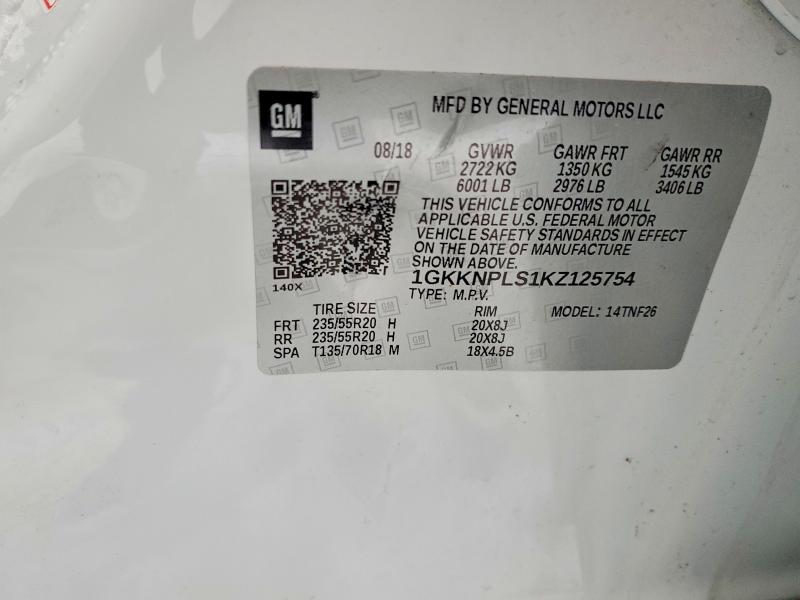 Aukcja sprzedaży 2019 Gmc Acadia, vin: 1GKKNPLS1KZ125754, numer aukcji: 73605315