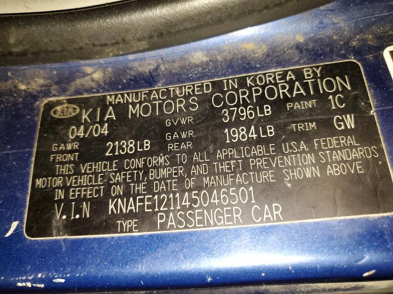 Продаж на аукціоні авто 2004 Kia Spectra, vin: KNAFE121145046501, номер лоту: 98856545