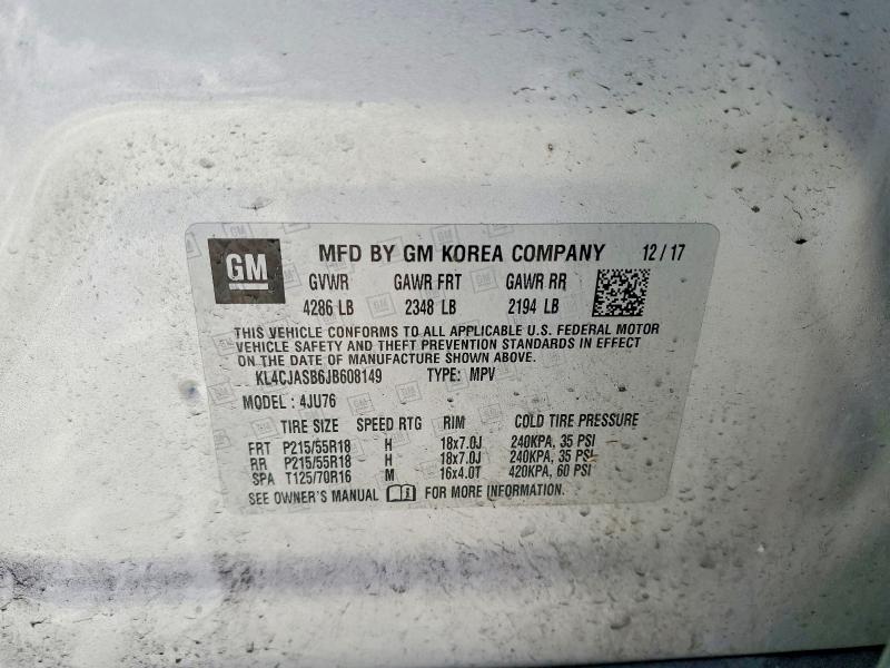 75203065 :رقم المزاد ، KL4CJASB6JB608149 vin ، 2018 Buick Encore مزاد بيع