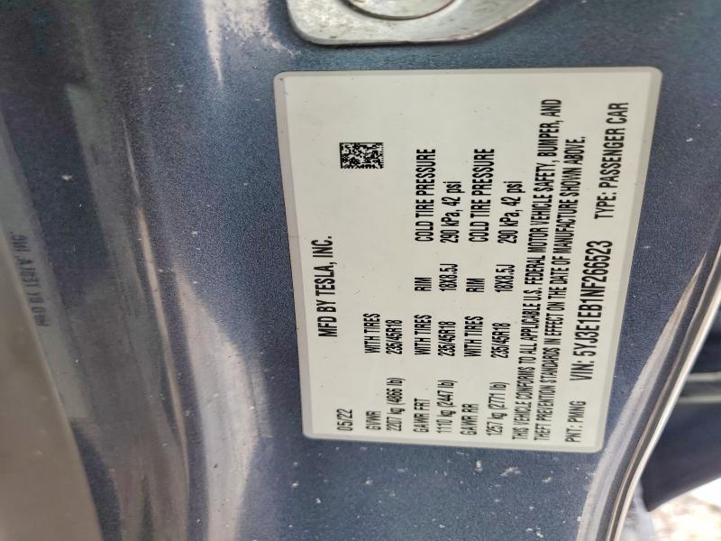 Продажа на аукционе авто 2022 Tesla Model 3, vin: 5YJ3E1EB1NF266523, номер лота: 74496625