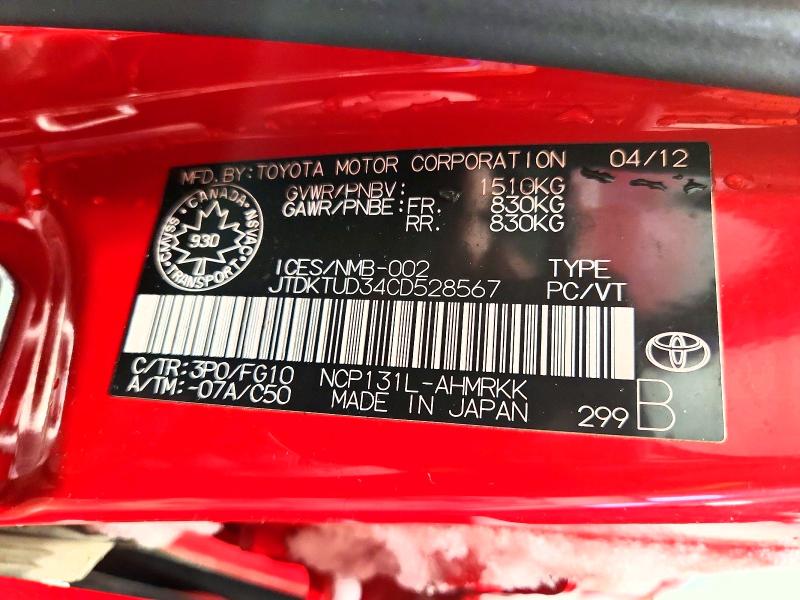 Продаж на аукціоні авто 2012 Toyota Yaris, vin: JTDKTUD34CD528567, номер лоту: 99887035