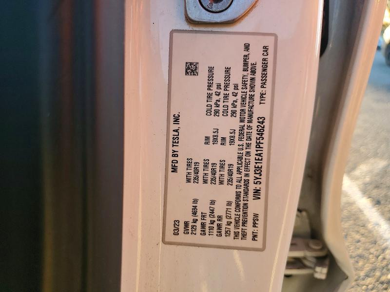 2023 Tesla Model 3 მანქანა იყიდება აუქციონზე, vin: 5YJ3E1EA1PF546243, აუქციონის ნომერი: 72986745